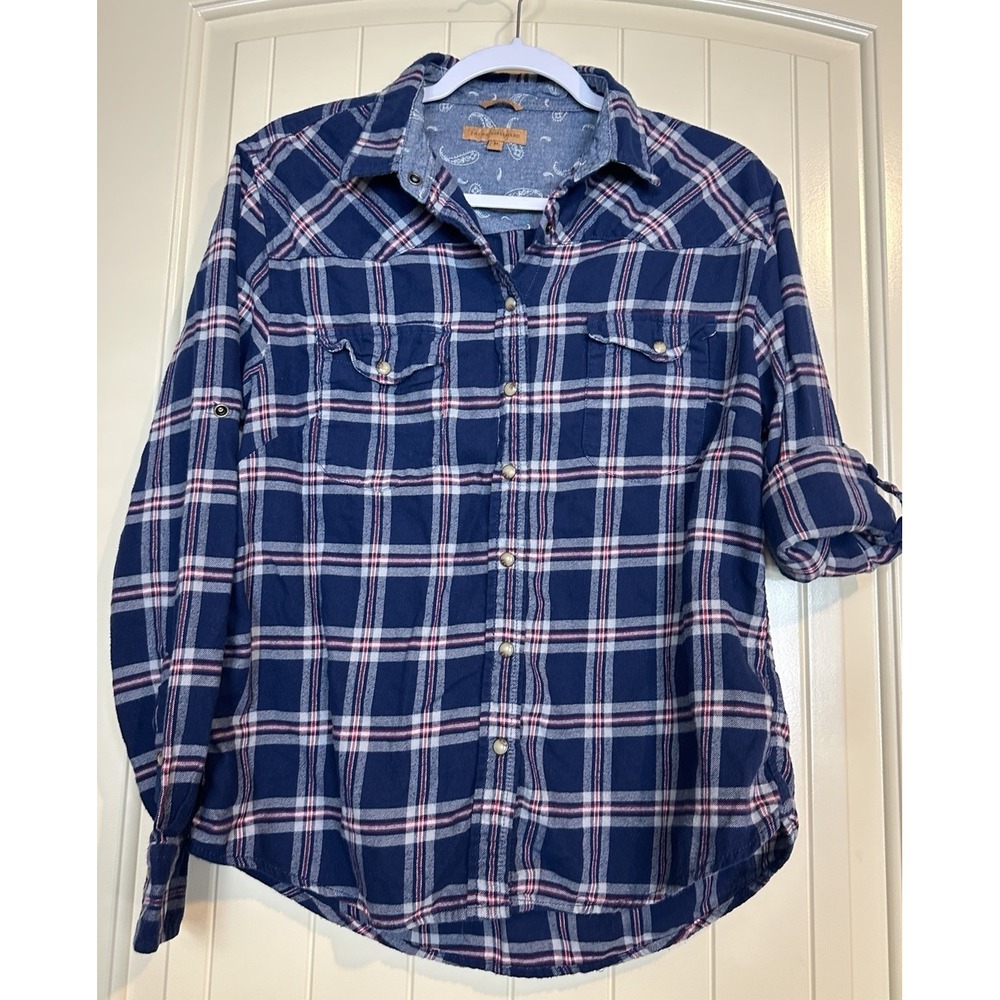 Jach's Girlfriend Bea Women's M Blue Plaid Cotton Pearl Snap Flannel Shirt